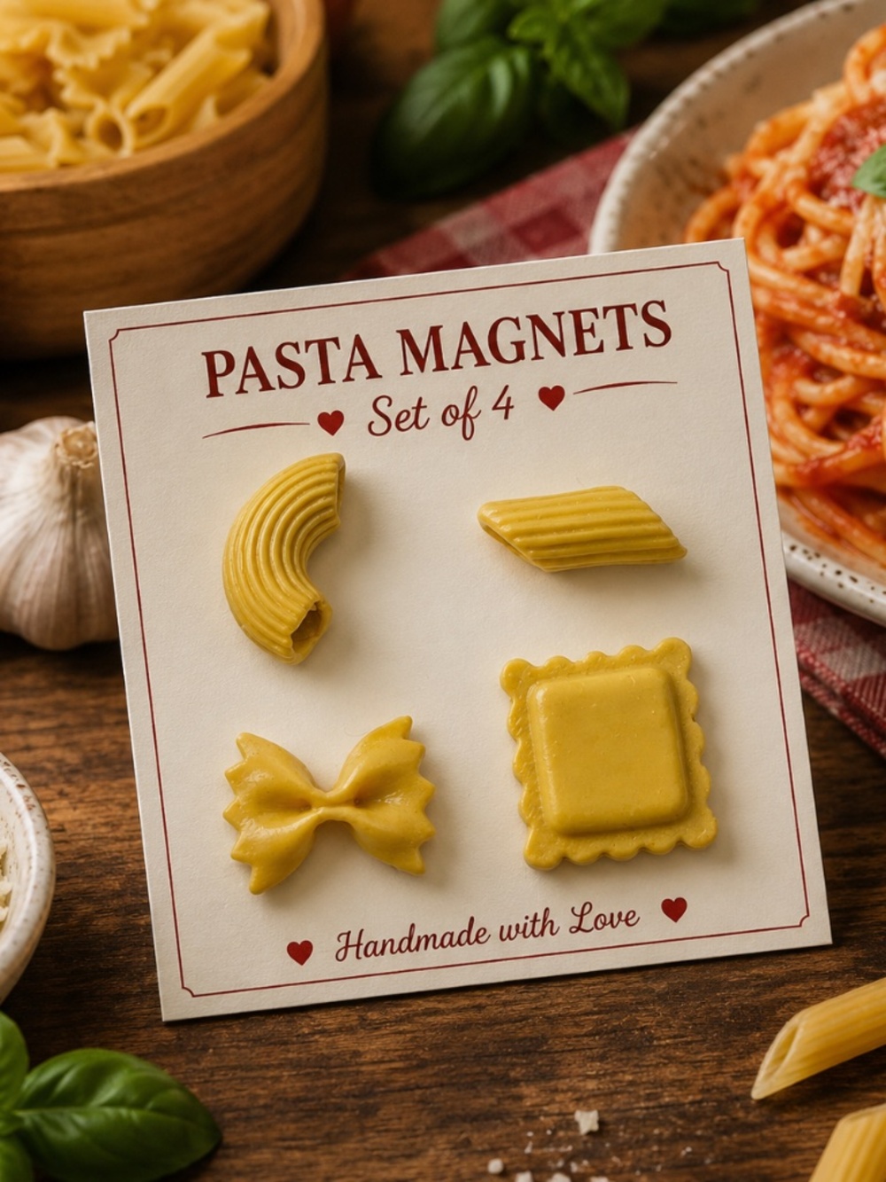 Handmade Pasta Magnet Set of 4 | Ravioli, Farfalle/Bow Tie, Penne/Ziti & Elbow